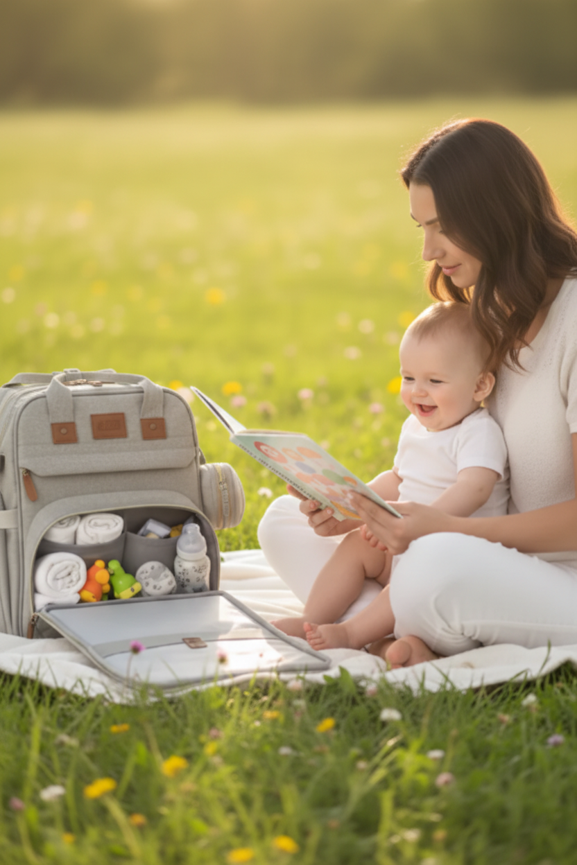 Dunkelhaarige Mutter mit Kind auf Wiese