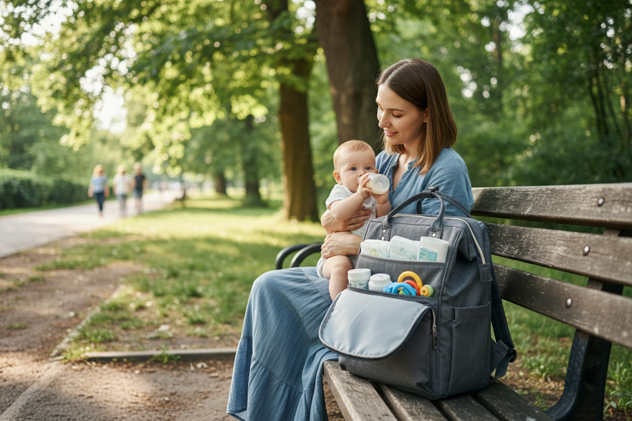 Mutter füttert Baby im Park