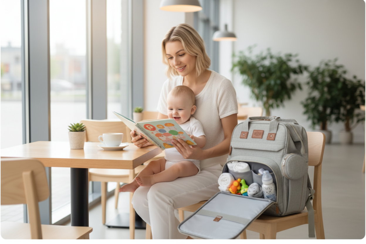 Mutter liest Baby im Café vor