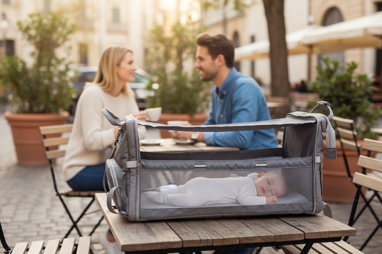 Wickeltasche-Reisebett im Café